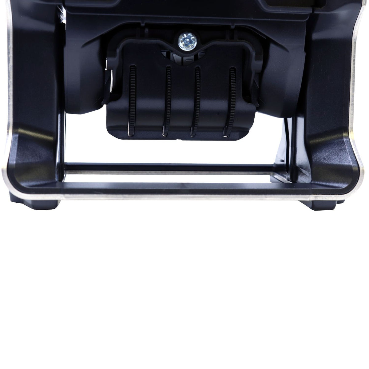 Black stamp and seal embosser with silver screw and ridged platen, close-up on white background.