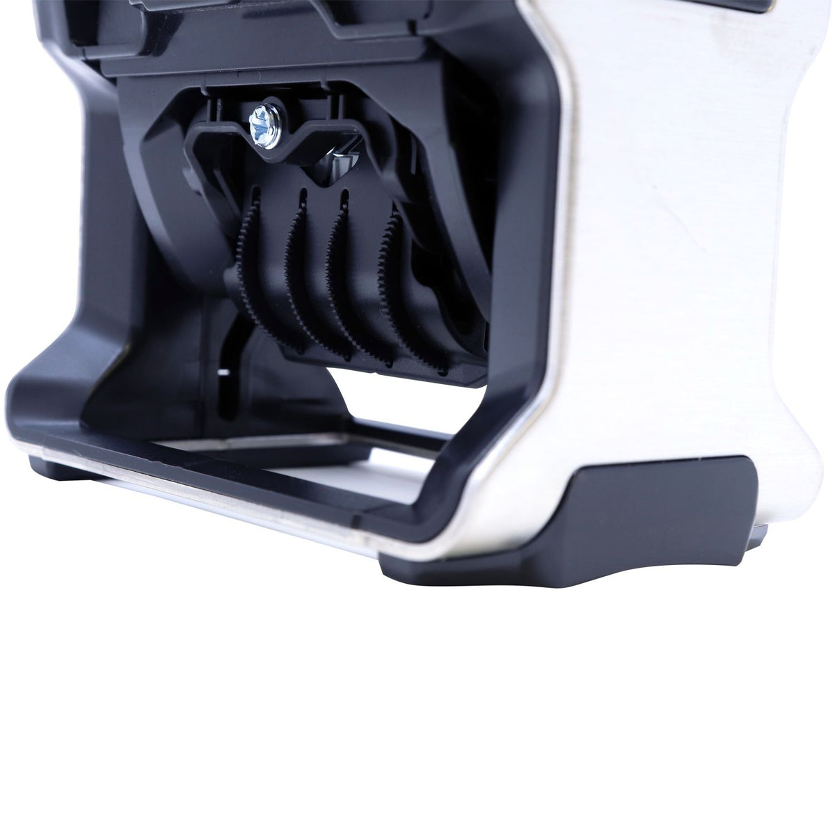 Black and silver self-inking stamp seal with adjustable mechanism and metal screw detail