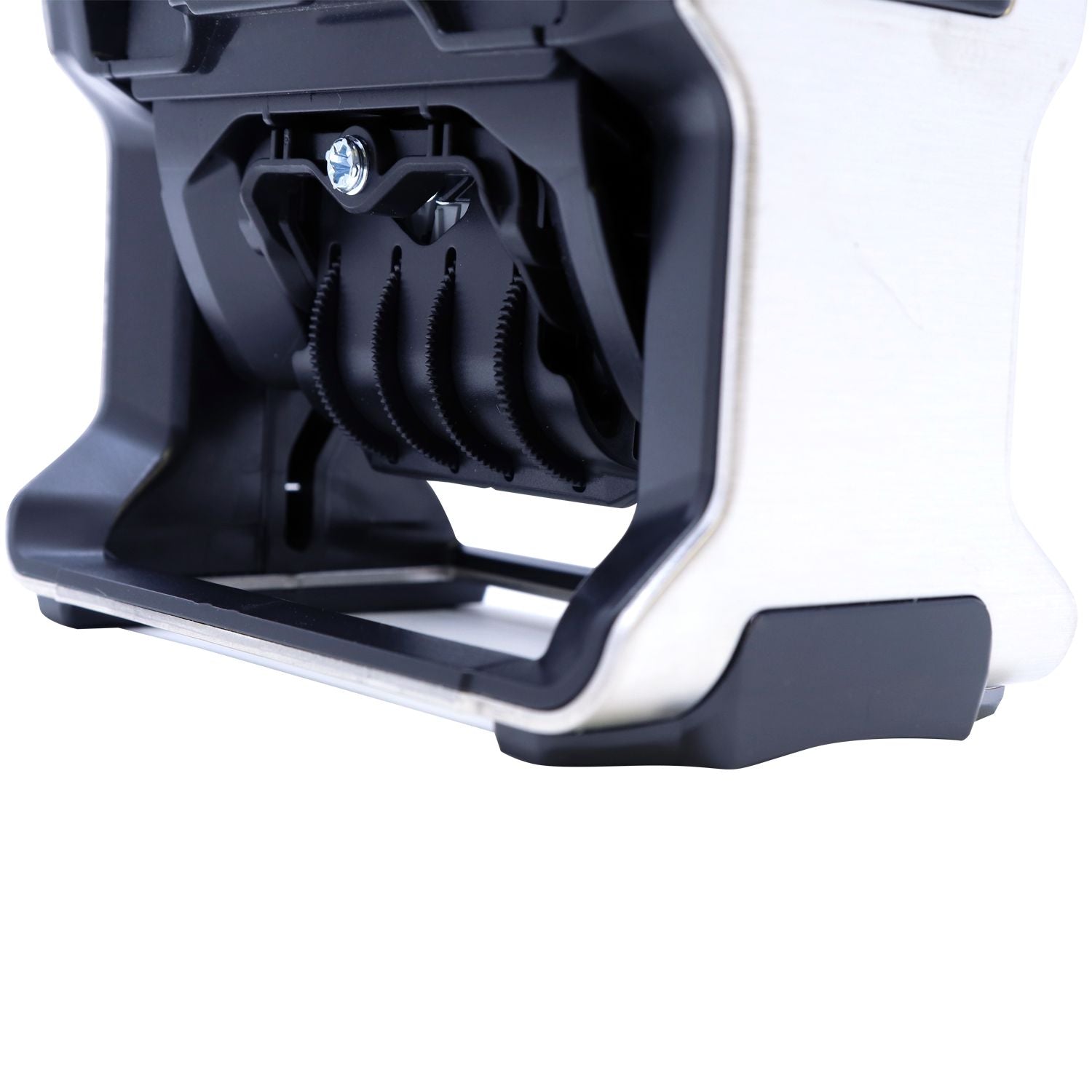 Black and silver self-inking stamp and seal device with textured rollers and a metal frame