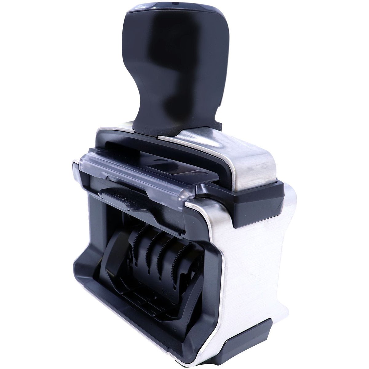 Black and silver self-inking stamp and seal with ergonomic handle, metal casing, and adjustable date bands.