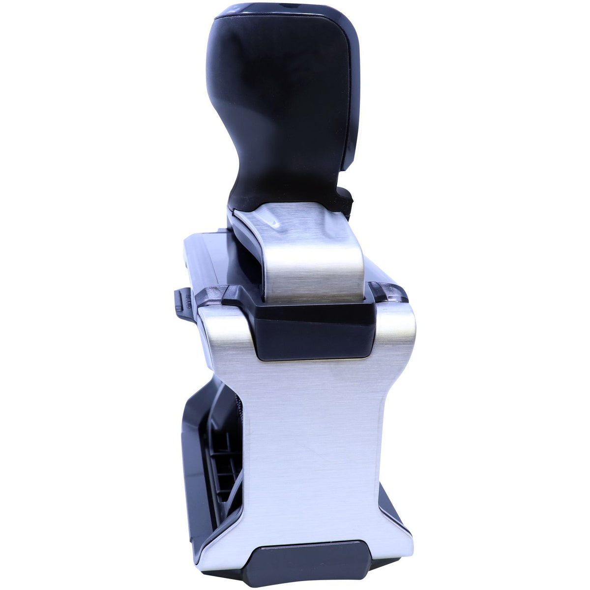 Black and silver handheld stamp and seal embosser with brushed metal body and ergonomic grip