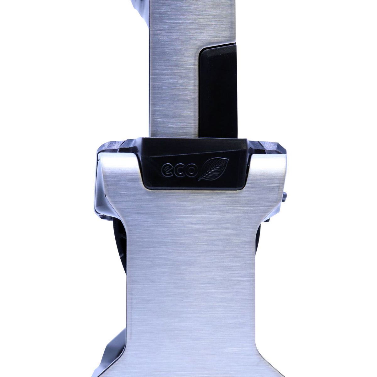 Silver and black eco stamp and seal tool with brushed metal body and black accents on white background