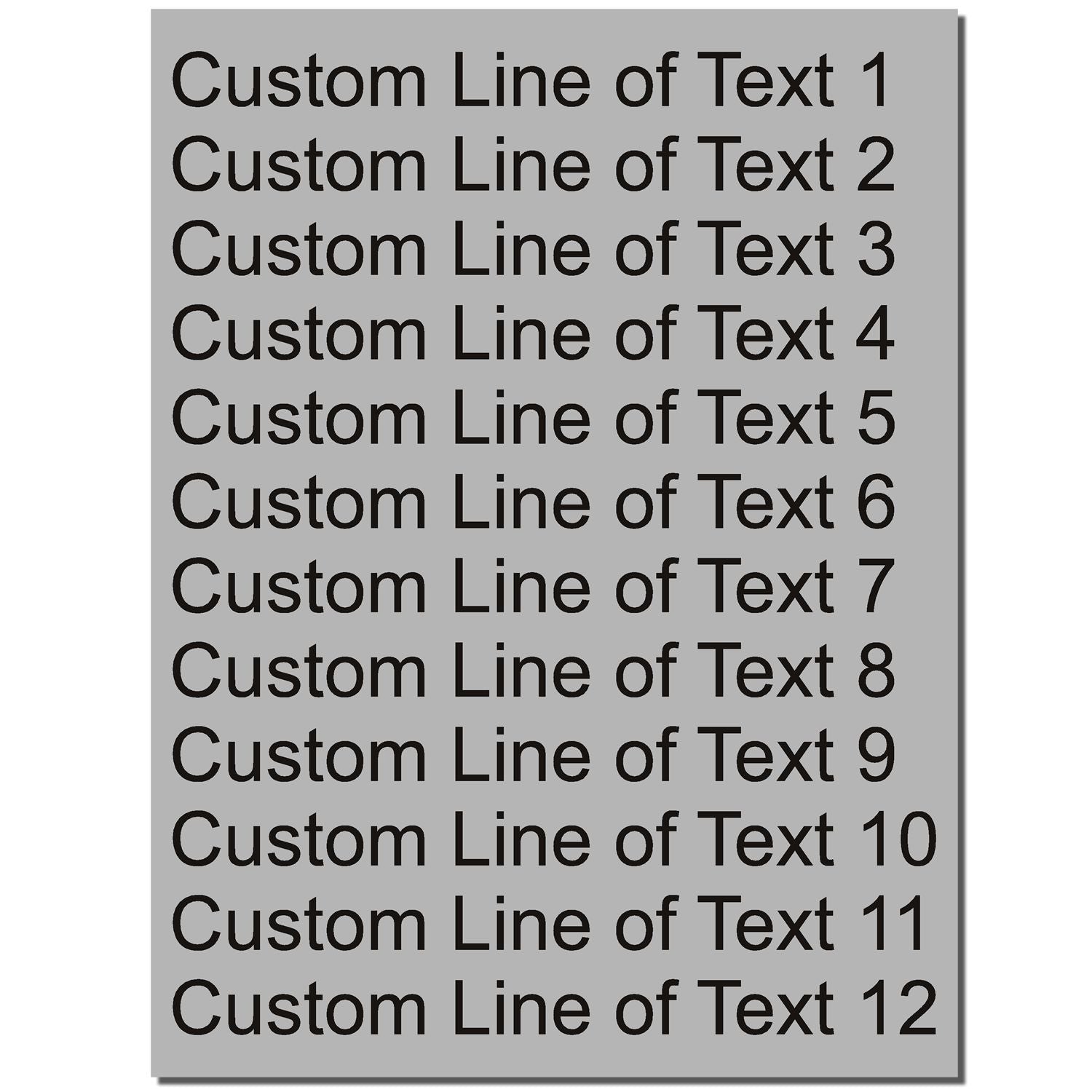 Image of a 12 Line Custom Rubber Stamp with Wood Handle showing 12 lines of customizable text on a gray background.