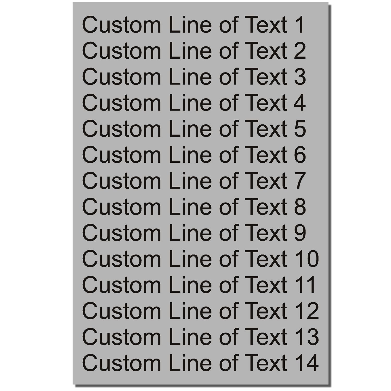 Image of a 14 Line Custom Rubber Stamp with Wood Handle showing 14 customizable lines of text on a gray background.