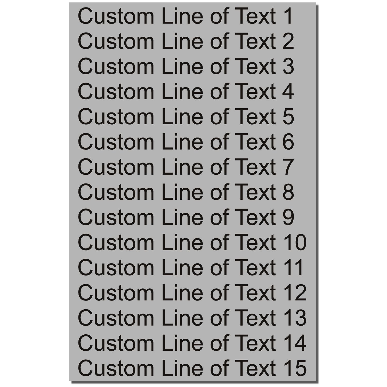 Image of a 15-Line Custom Rubber Stamp with Wood Handle, showing 15 lines of customizable text on a gray background.