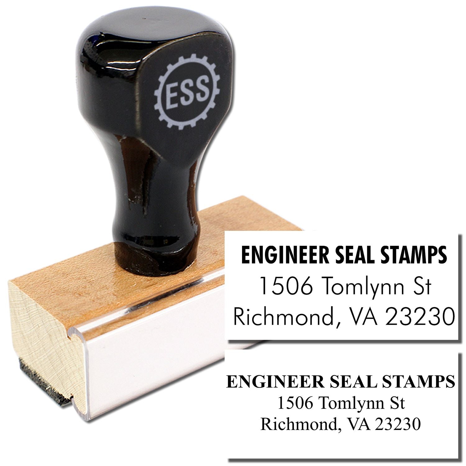 3 Line Address Stamp - Regular Rubber Stamp with wooden handle, shown with an example imprint of ENGINEER SEAL STAMPS, 1506 Tomlynn St, Richmond, VA 23230 .
