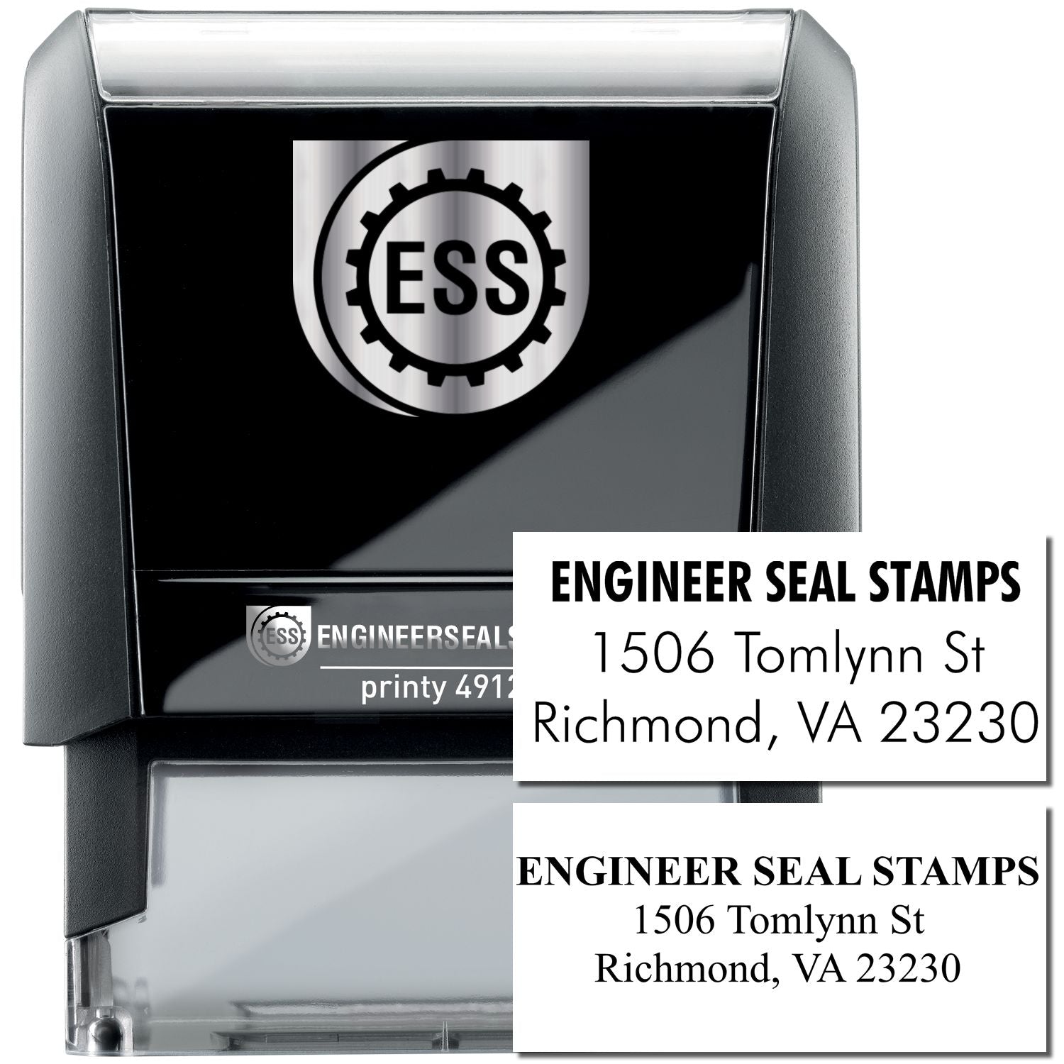 3 Line Self Inking Address Stamp with ENGINEER SEAL STAMPS and address 1506 Tomlynn St, Richmond, VA 23230 displayed on the stamp.