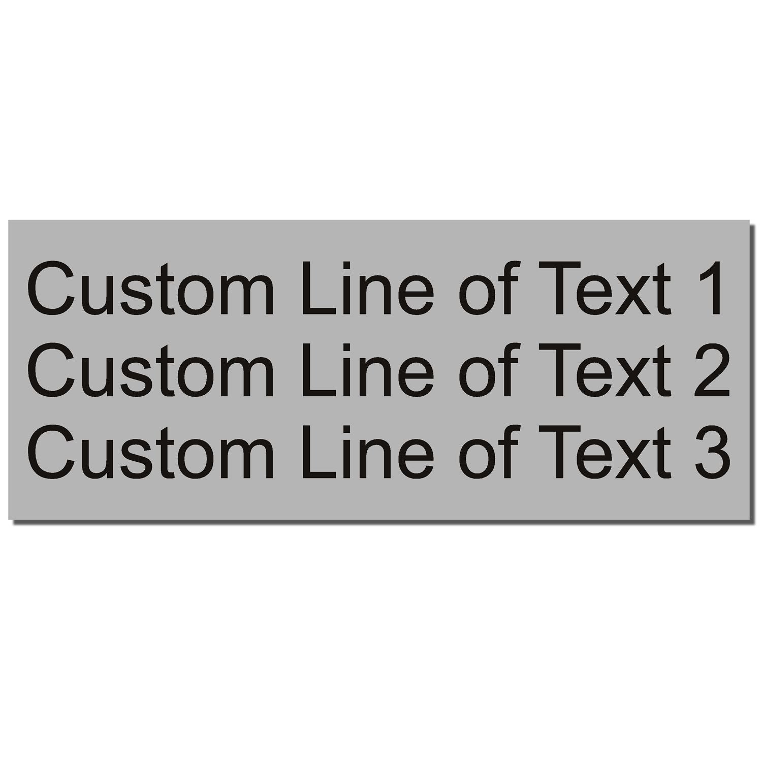 3 Line Custom Rubber Stamp with Wood Handle showing three customizable lines of text in black on a gray background.