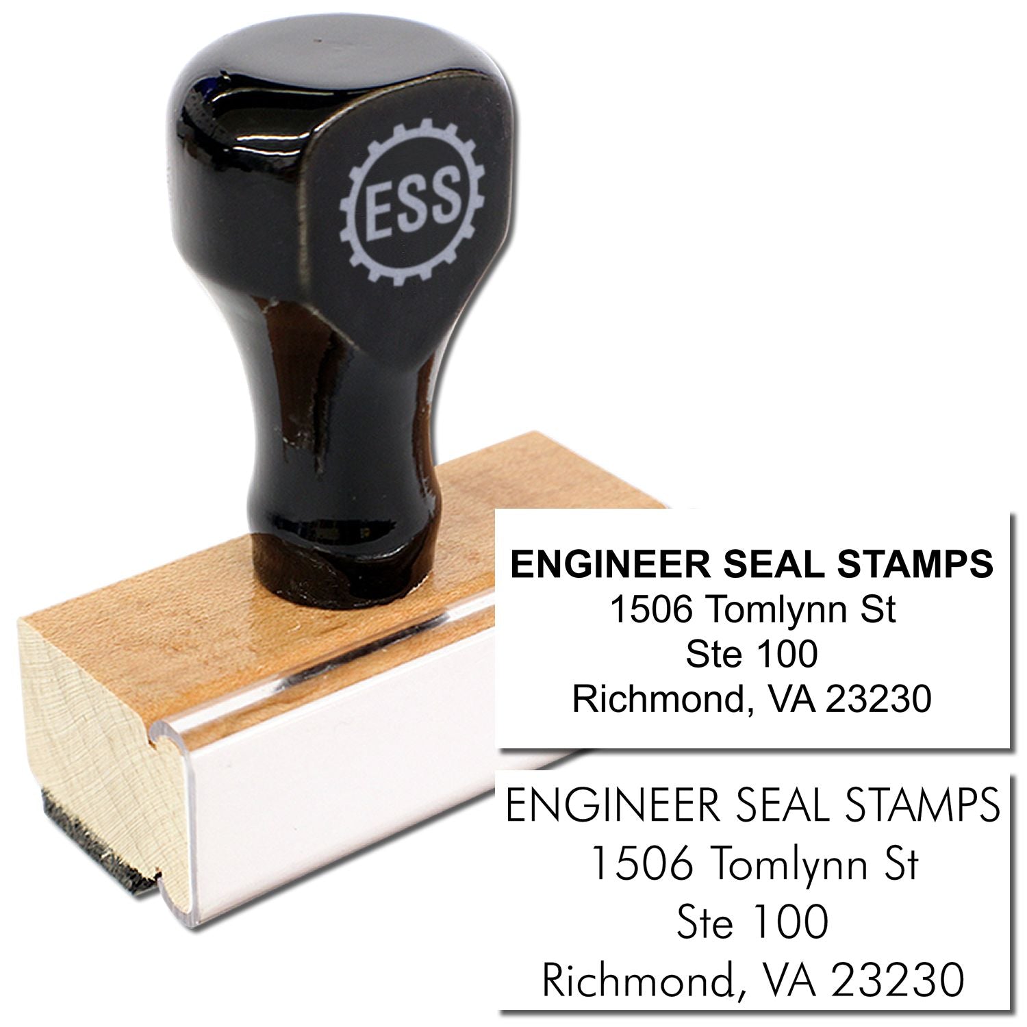 4 Line Address Stamp Regular Rubber Stamp with wooden base and black handle, shown with an example of stamped address text.