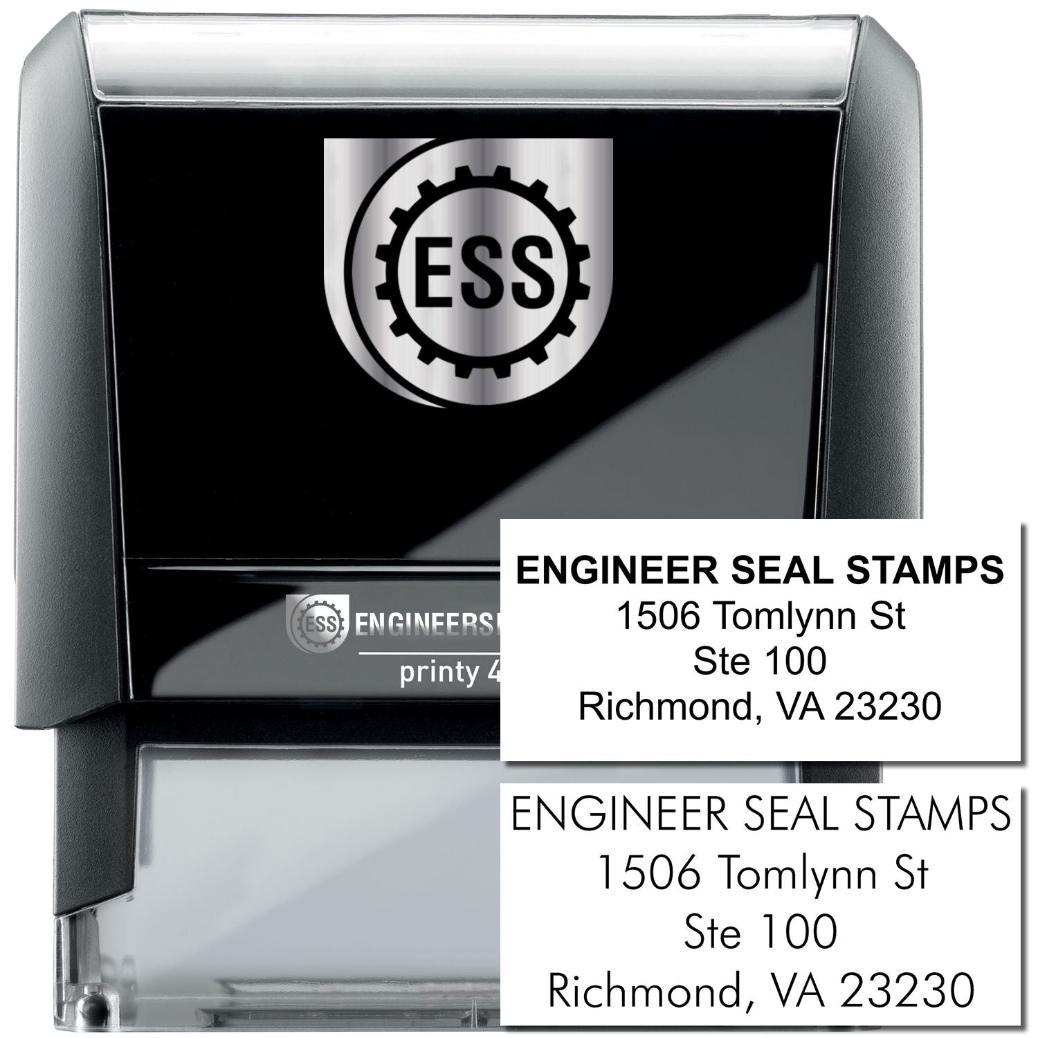 4 Line Self Inking Address Stamp with a black and clear design, featuring an example address: ENGINEER SEAL STAMPS, 1506 Tomlynn St, Ste 100, Richmond, VA 23230.
