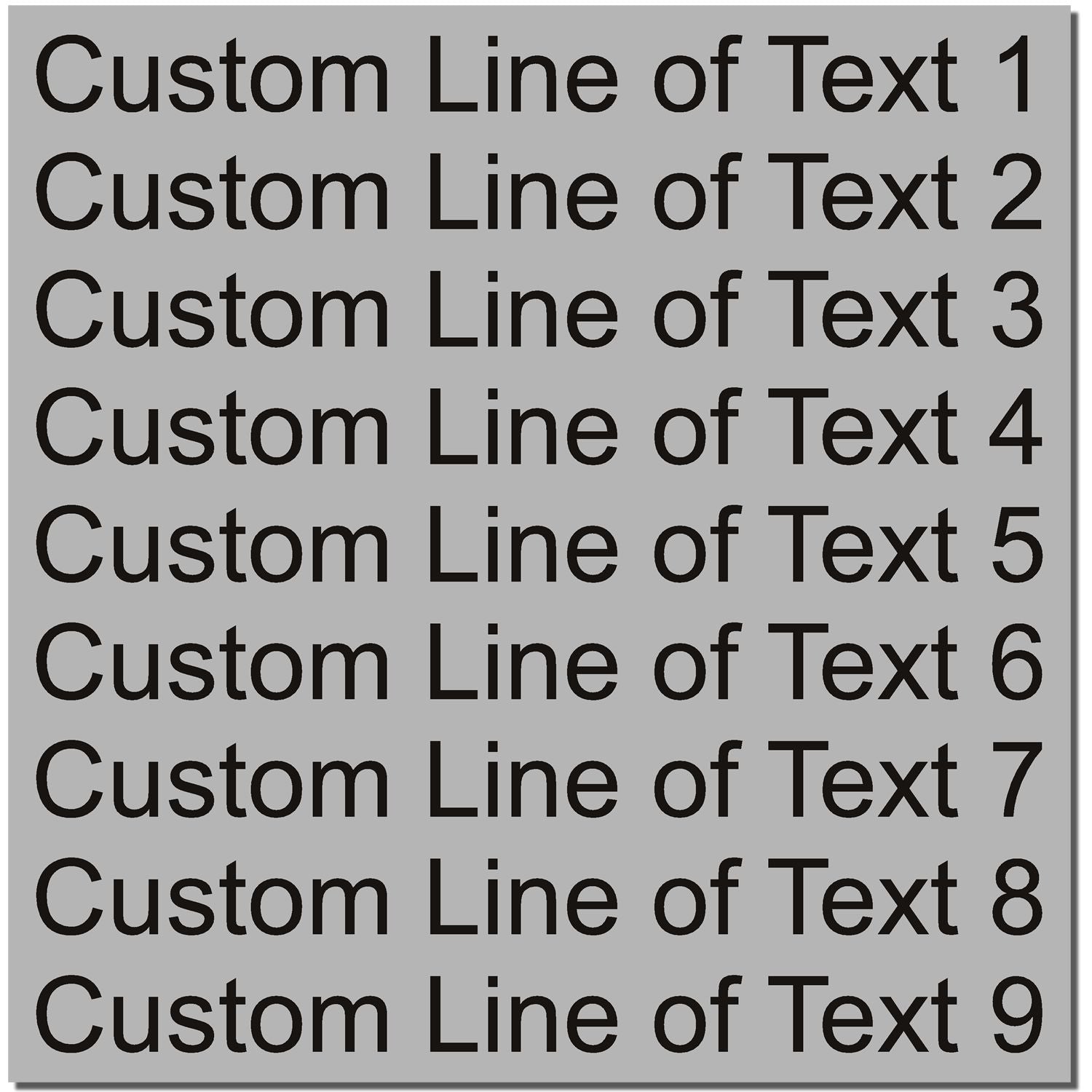 Image showing a sample imprint of the 9 Line Custom Rubber Stamp with Wood Handle, featuring nine customizable lines of text in black font.
