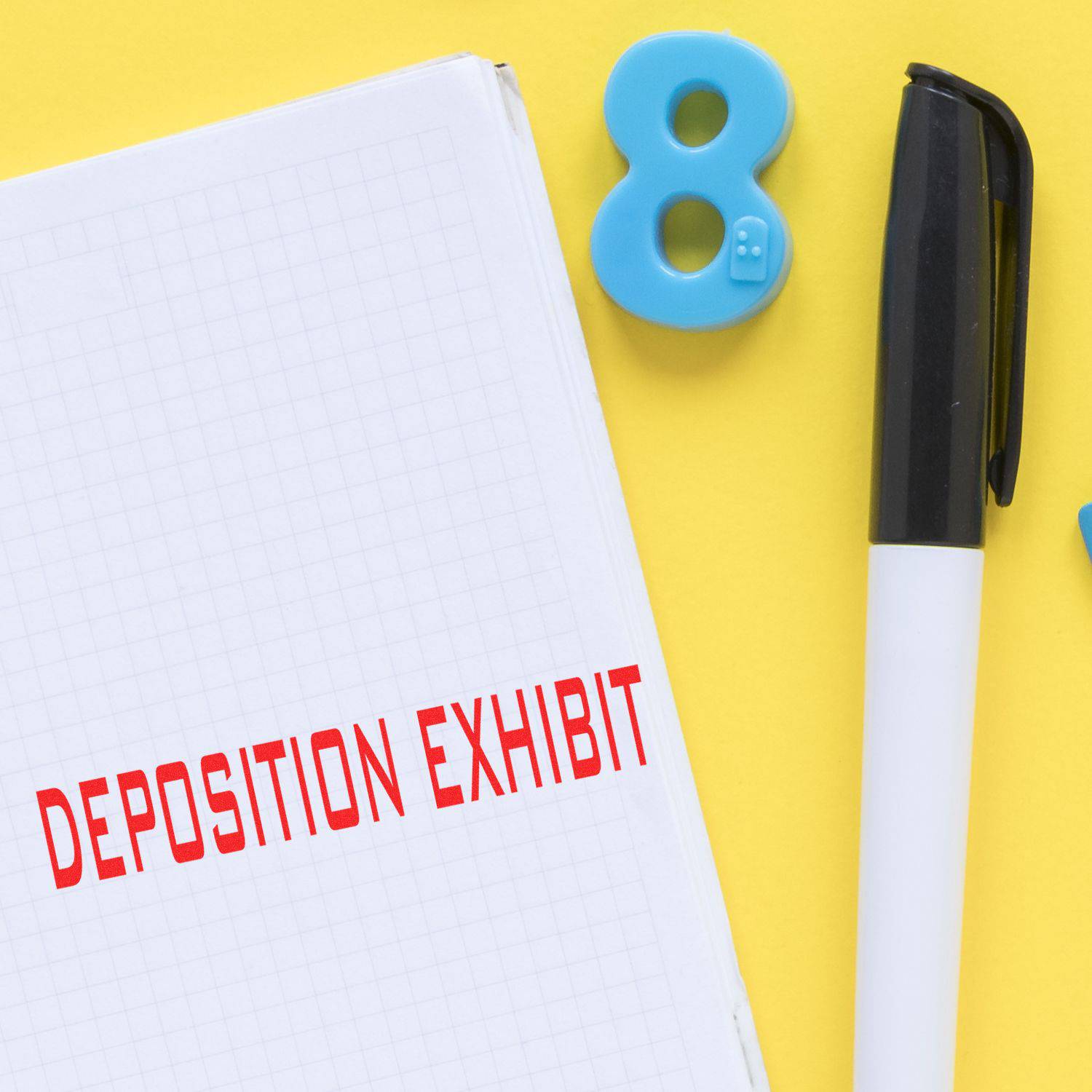 Large Pre-Inked Deposition Exhibit Stamp on a notebook with a pen and blue number 8 on a yellow background.