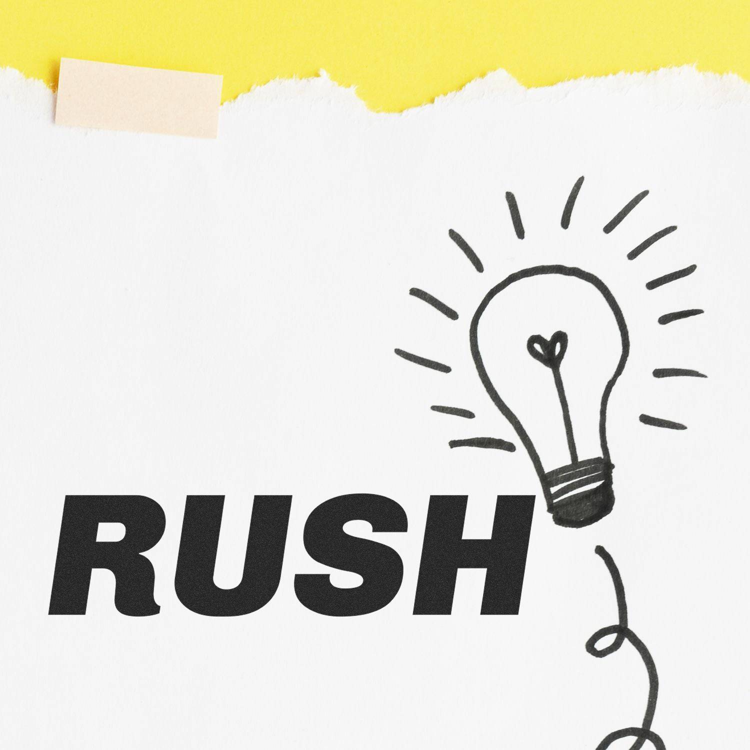 Large Pre-Inked Italic Rush Stamp on white paper with a hand-drawn light bulb and yellow background.