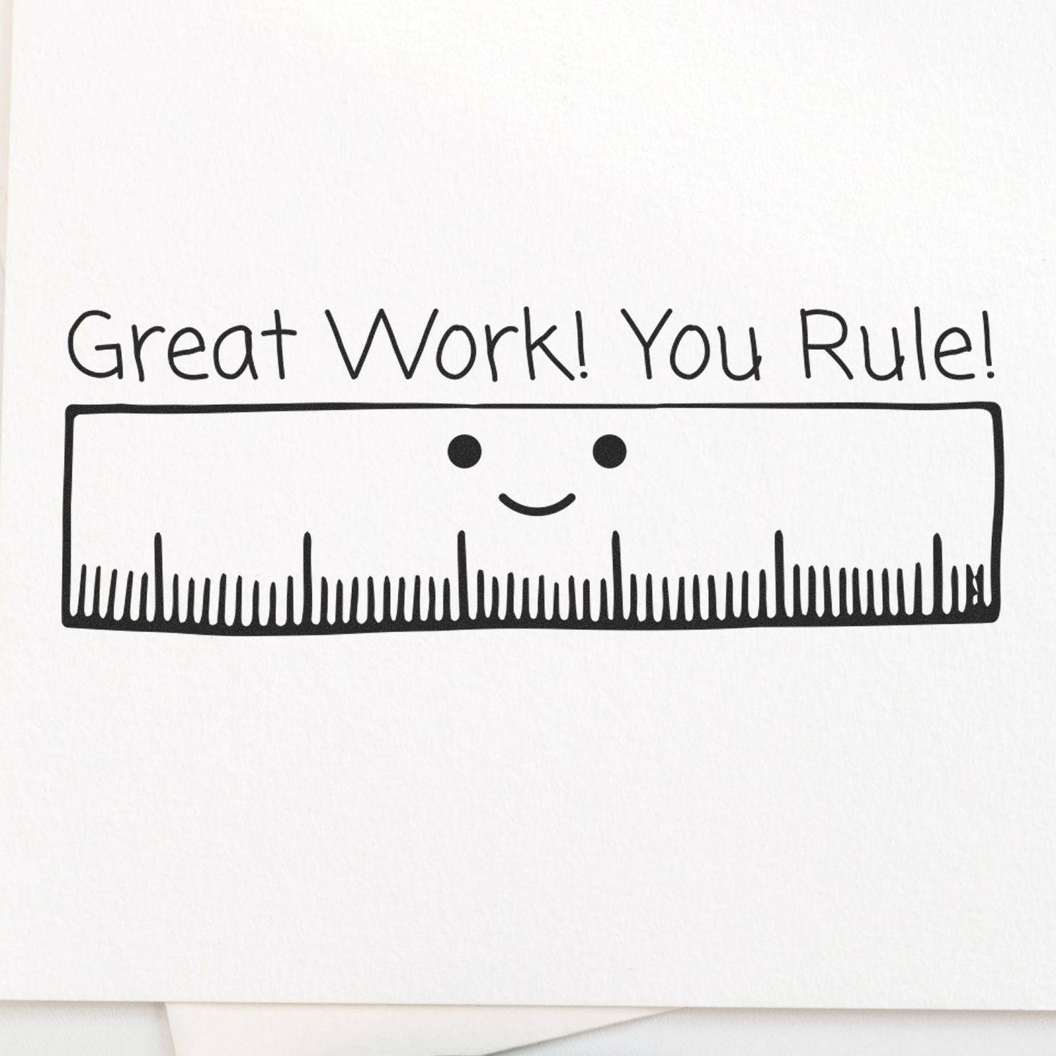 Large Pre-Inked Great Work You Rule Stamp with a smiling ruler and the text Great Work! You Rule! on a white background.