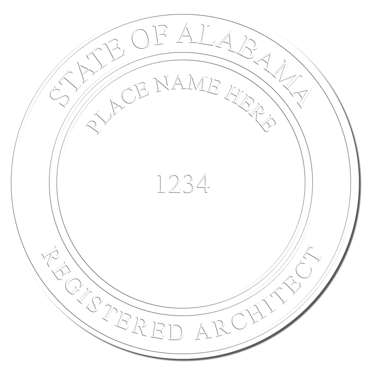 A photograph of the Alabama Desk Architect Embossing Seal stamp impression reveals a vivid, professional image of the on paper.