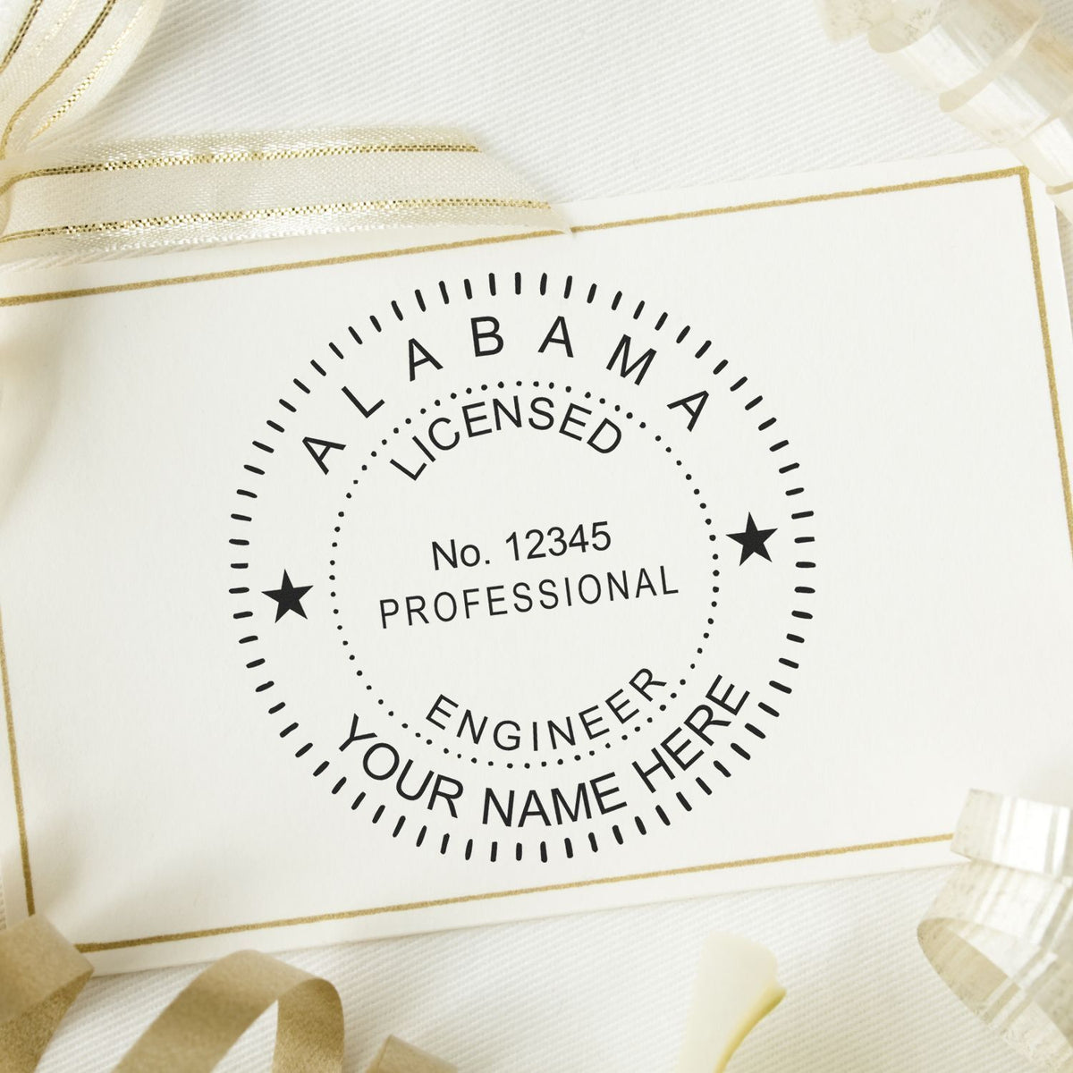A lifestyle photo showing a stamped image of the Slim Pre-Inked Alabama Professional Engineer Seal Stamp on a piece of paper