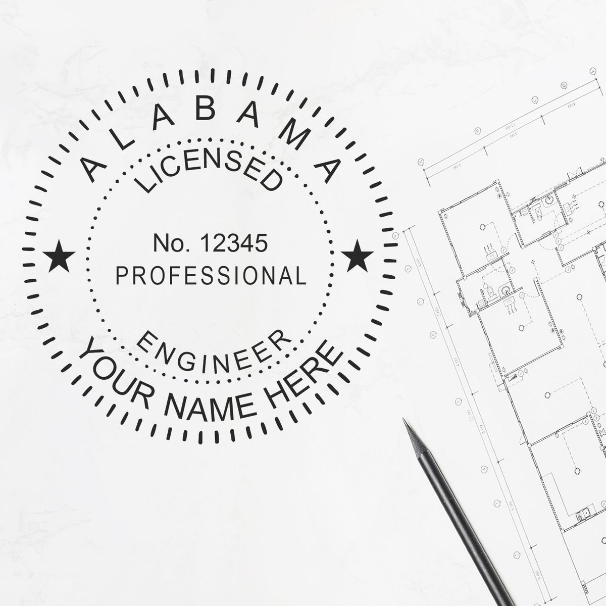 A lifestyle photo showing a stamped image of the Alabama Professional Engineer Seal Stamp on a piece of paper