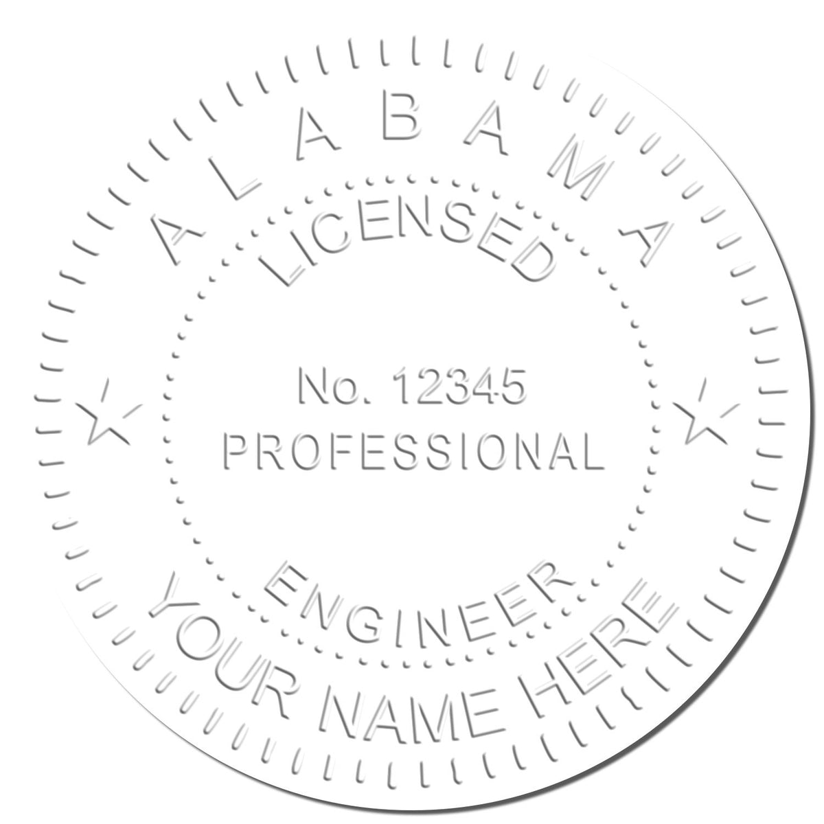 A photograph of the Handheld Alabama Professional Engineer Embosser stamp impression reveals a vivid, professional image of the on paper.