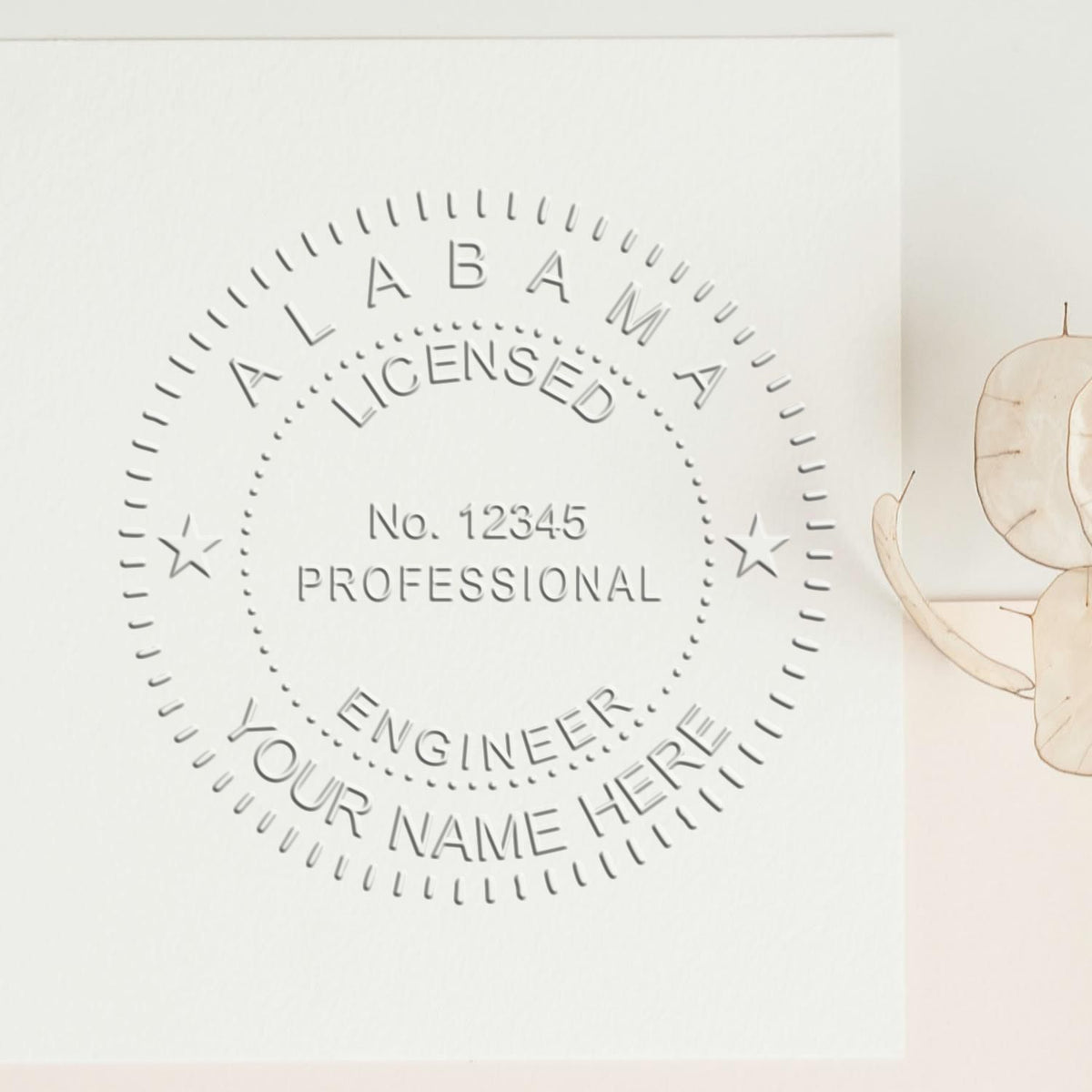 A photograph of the Alabama Engineer Desk Seal stamp impression reveals a vivid, professional image of the on paper.