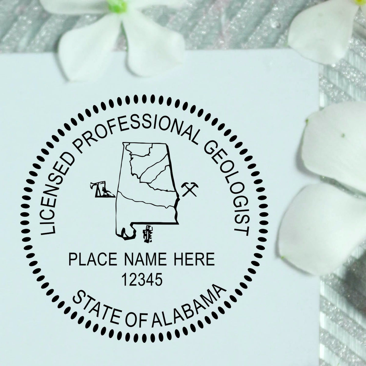 A stamped imprint of the Digital Alabama Geologist Stamp, Electronic Seal for Alabama Geologist in this stylish lifestyle photo, setting the tone for a unique and personalized product.