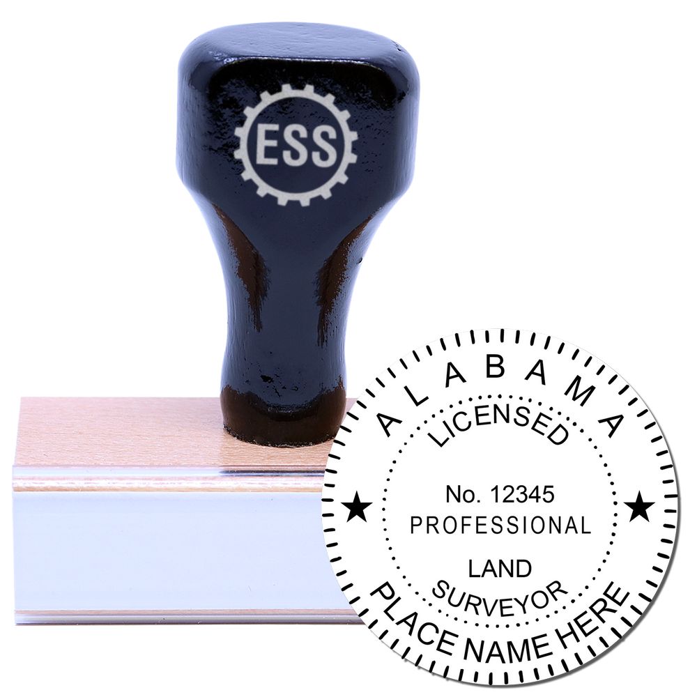 Alabama Land Surveyor Seal Stamp, AL PLS Stamp with a wooden handle and a circular imprint showing licensed professional land surveyor details.