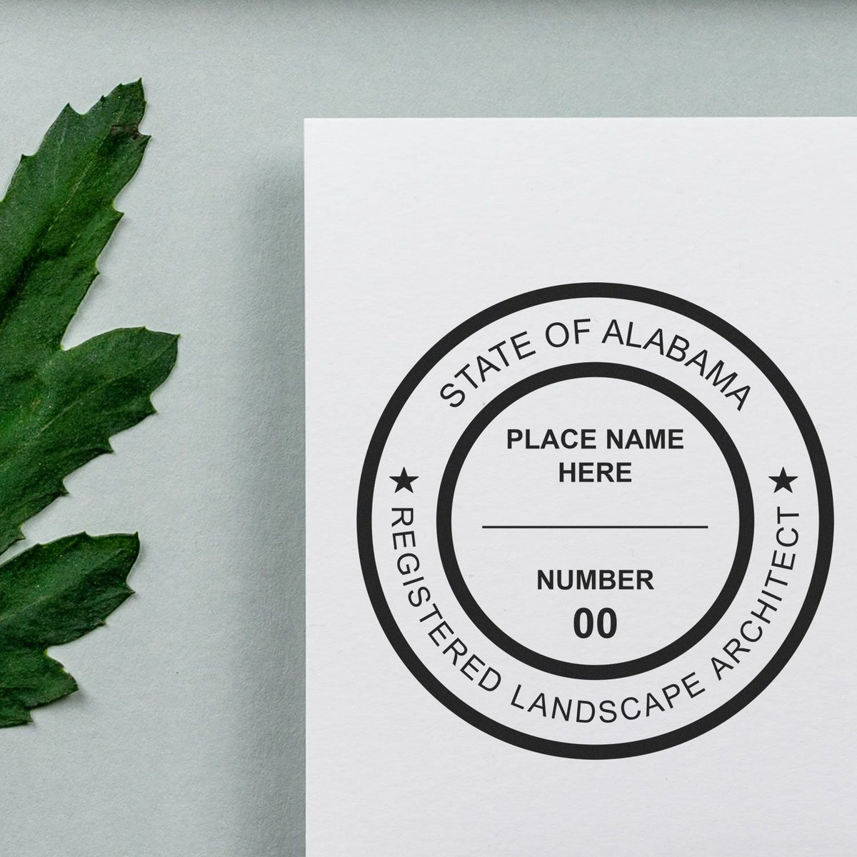 A stamped impression of the Self-Inking Alabama Landscape Architect Stamp in this stylish lifestyle photo, setting the tone for a unique and personalized product.