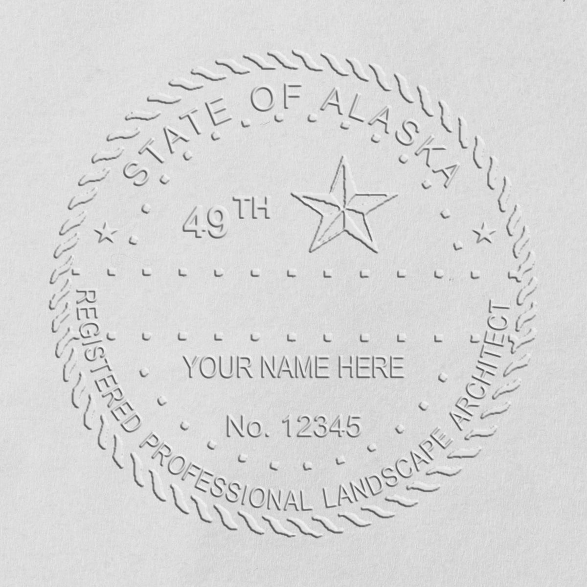 A photograph of the Hybrid Alaska Landscape Architect Seal stamp impression reveals a vivid, professional image of the on paper.