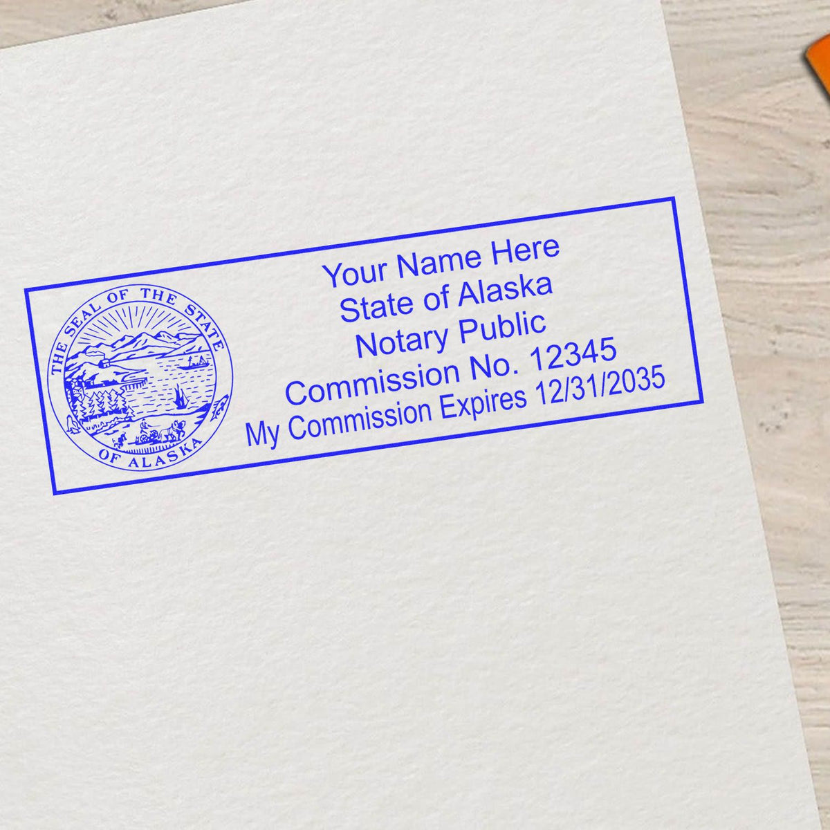 This paper is stamped with a sample imprint of the Slim Pre-Inked State Seal Notary Stamp for Alaska, signifying its quality and reliability.