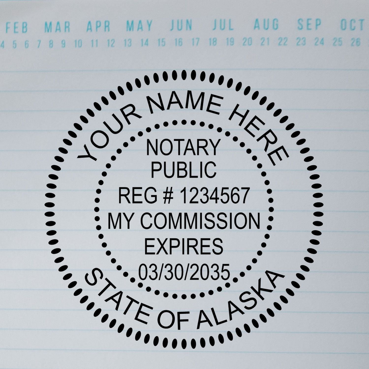 A lifestyle photo showing a stamped image of the Round Alaska Notary Public Seal Stamp on a piece of paper