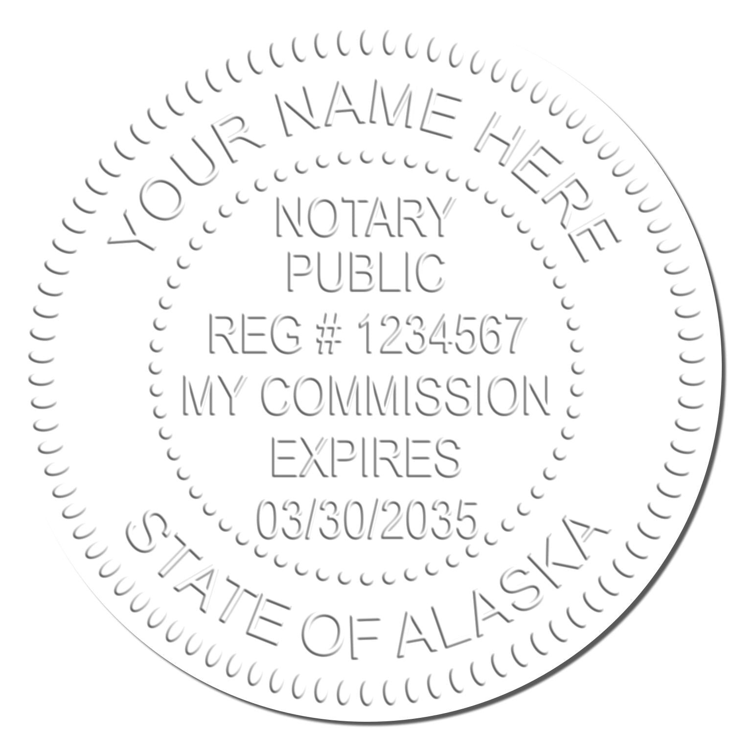 This paper is stamped with a sample imprint of the Alaska Handheld Notary Seal Embosser, signifying its quality and reliability.