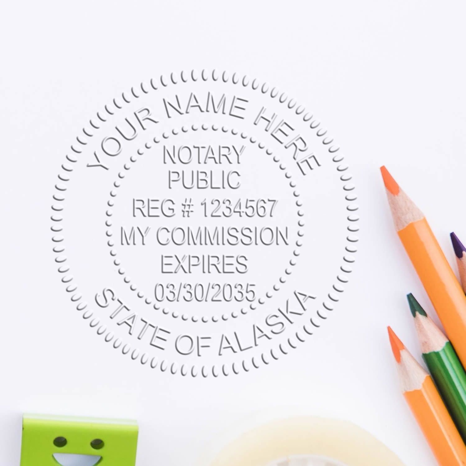 A photograph of the Alaska Desk Notary Public Seal stamp impression reveals a vivid, professional image of the on paper.