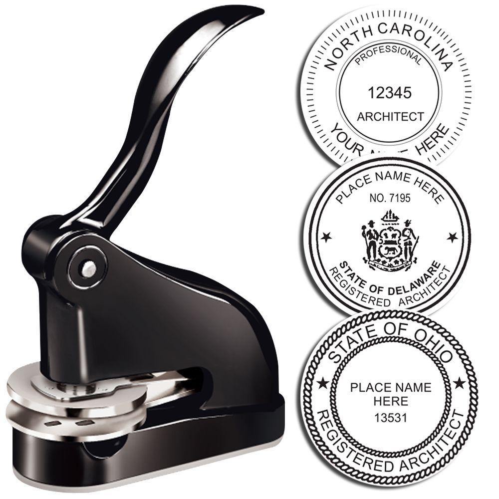 An Architect Black Gift Seal Embosser with three embossed images showing how different kinds of images it can produce after embossing from it.