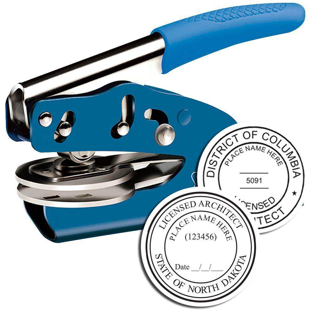 Architect Blue Seal Handheld Embosser with blue handle, shown with two sample embossed seals for District of Columbia and State of North Dakota.