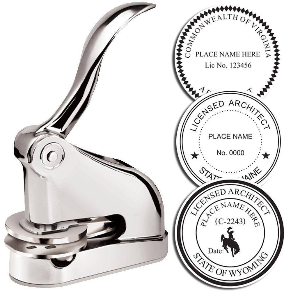 Architect Chrome Gift Seal Embosser with a sleek, shiny design, shown alongside three sample embossed seals for licensed architects from different states, demonstrating its professional use.
