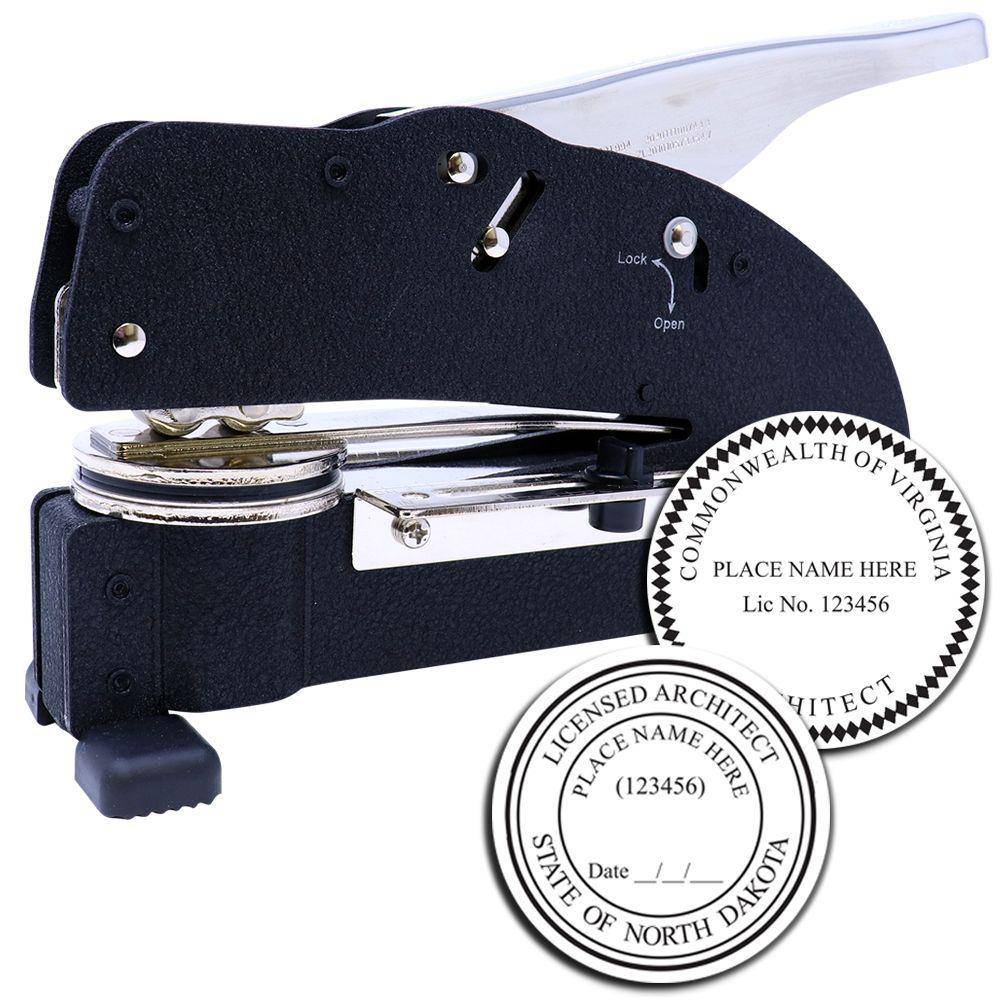 Architect Extended Long Reach Desk Seal Embosser in black, shown with two sample embossed seals for Virginia and North Dakota. The embosser features a lever for easy operation and a sturdy base.