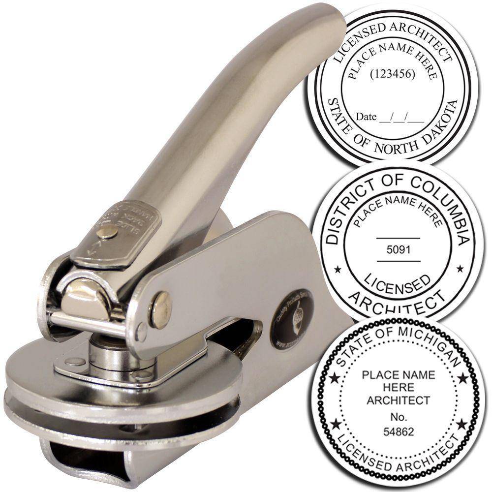 Architect Handheld Seal Embosser with a sleek metal design, shown alongside three sample embossed seals for licensed architects from North Dakota, District of Columbia, and Michigan.