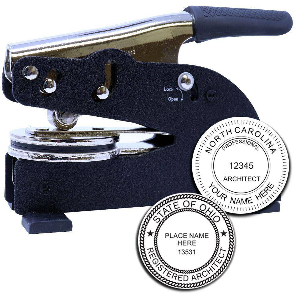 Architect Long Reach Desk Seal Embosser with ergonomic handle, shown with sample embossed seals for North Carolina and Ohio architects.