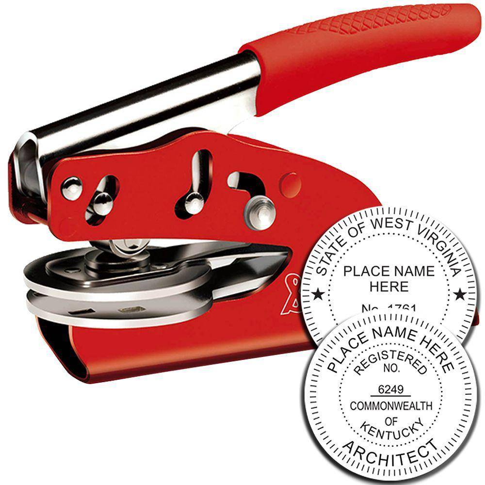 Architect Red Seal Handheld Embosser with a red handle and metal body, shown with two sample embossed seals displaying customizable text for state and place names.