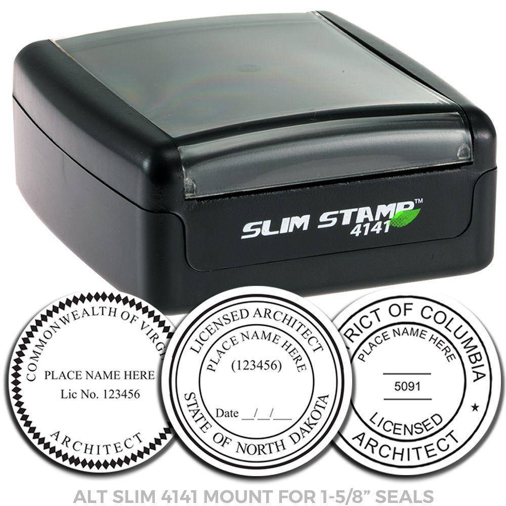 Image of the Architect Slim Pre-Inked Rubber Stamp of Seal, featuring a compact black stamp with SLIM STAMP 4141 branding, and sample impressions of seals for licensed architects from various states.