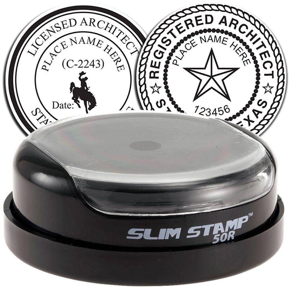 Architect Slim Pre-Inked Rubber Stamp of Seal featuring a compact black design with clear lid, shown with two sample seal designs for licensed and registered architects.