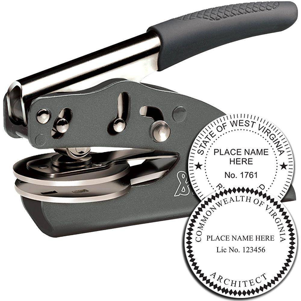 Image of the Architect Soft Handheld Seal Embosser, a sleek, black and silver tool designed for creating embossed seals. Two sample embossed seals are shown, demonstrating its precision and quality.