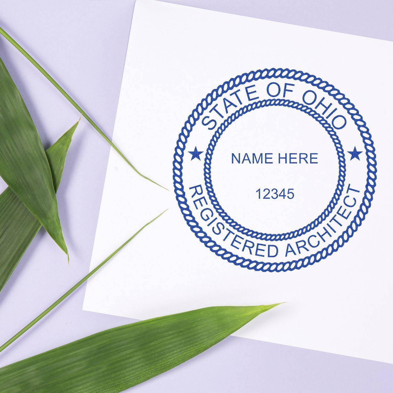 Architect Regular Rubber Stamp of Seal in use, displaying a blue State of Ohio Registered Architect seal on white paper, surrounded by green leaves on a light purple background.