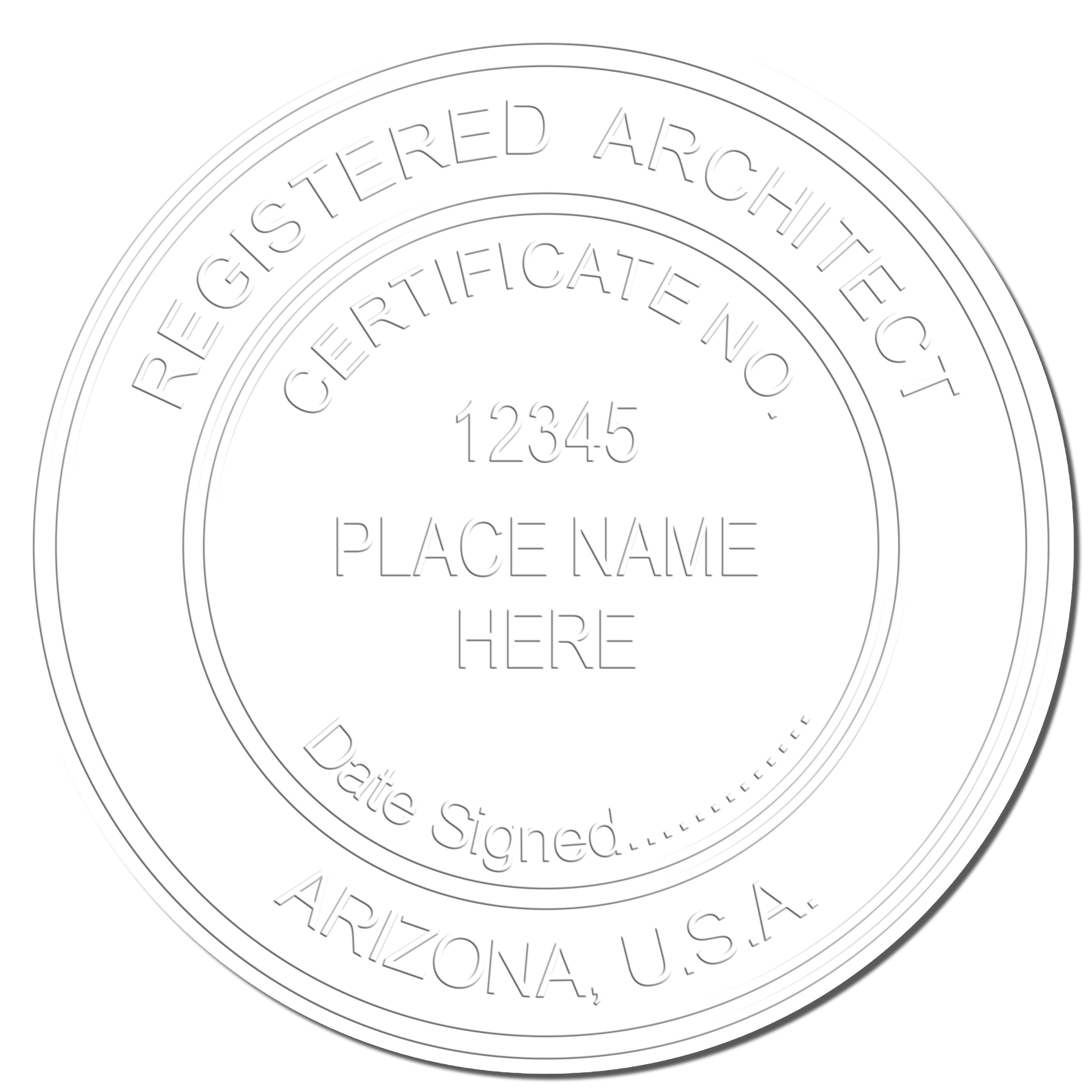 A photograph of the Extended Long Reach Arizona Architect Seal Embosser stamp impression reveals a vivid, professional image of the on paper.