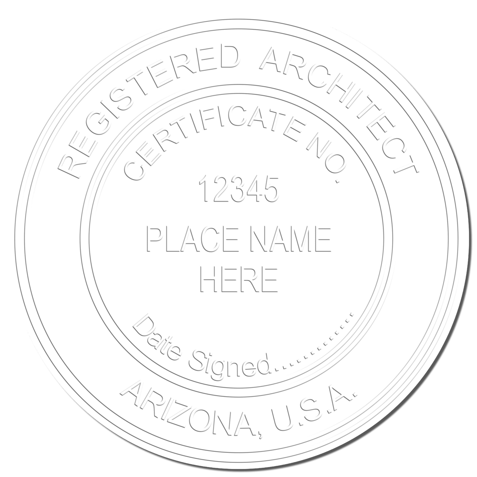 The main image for the State of Arizona Long Reach Architectural Embossing Seal depicting a sample of the imprint and electronic files