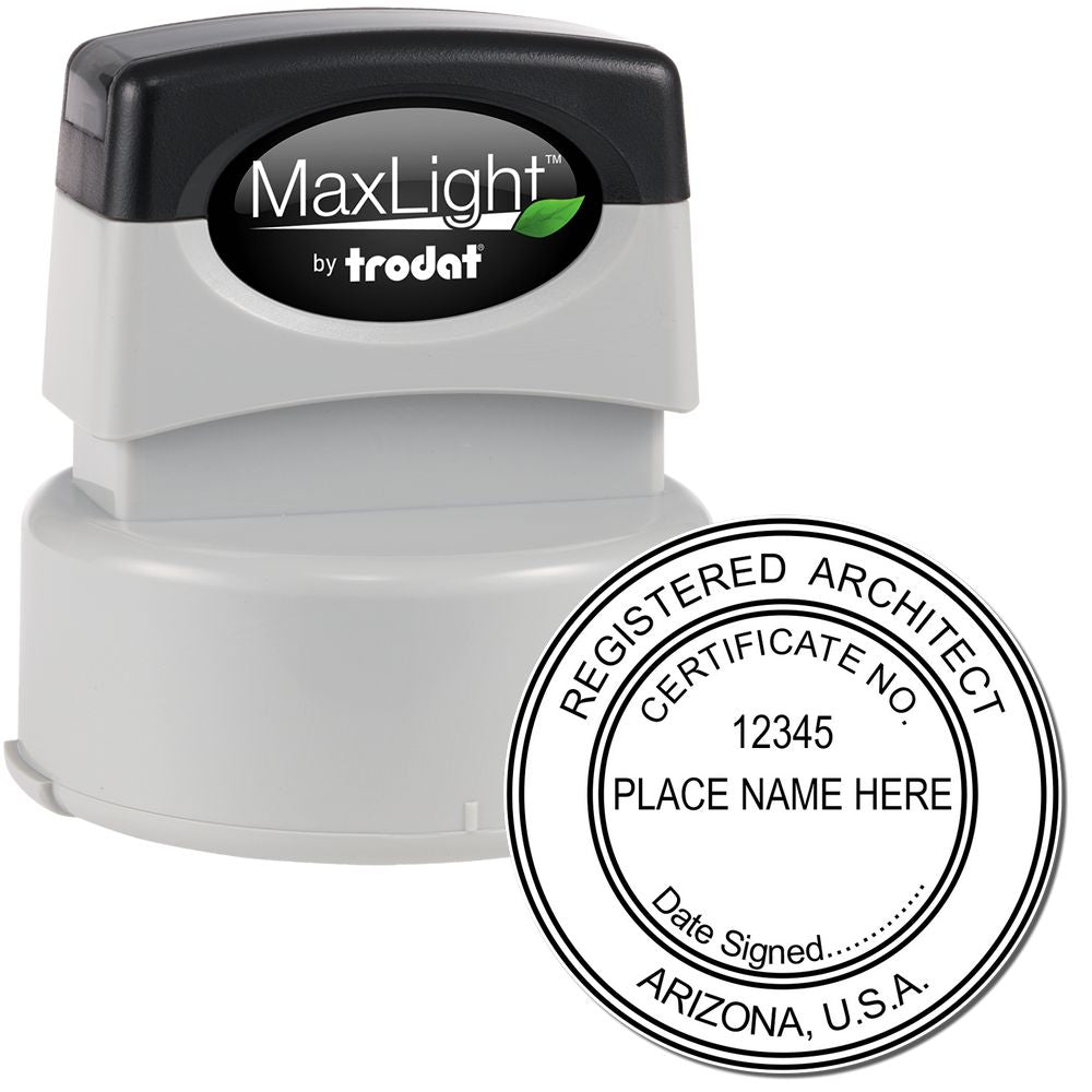 Image of the Premium MaxLight Pre-Inked Arizona Architectural Stamp, featuring the stamp and an example of the stamped design for registered architects.