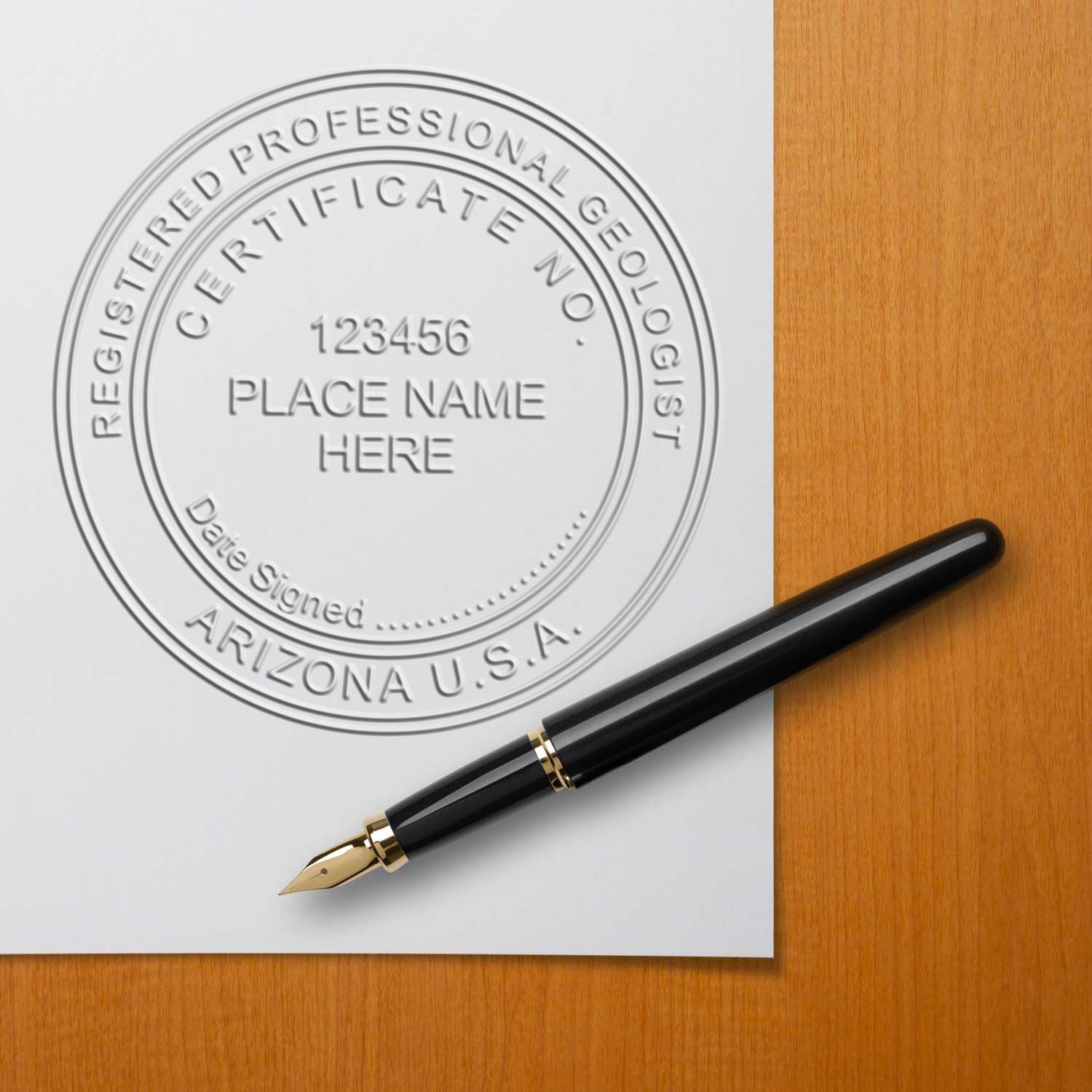 An alternative view of the State of Arizona Extended Long Reach Geologist Seal stamped on a sheet of paper showing the image in use