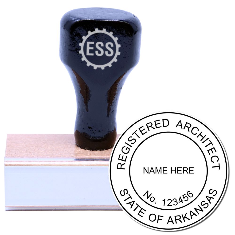 Arkansas Architect Seal Stamp with wooden handle and rubber base, displaying Registered Architect, State of Arkansas with customizable name and number.