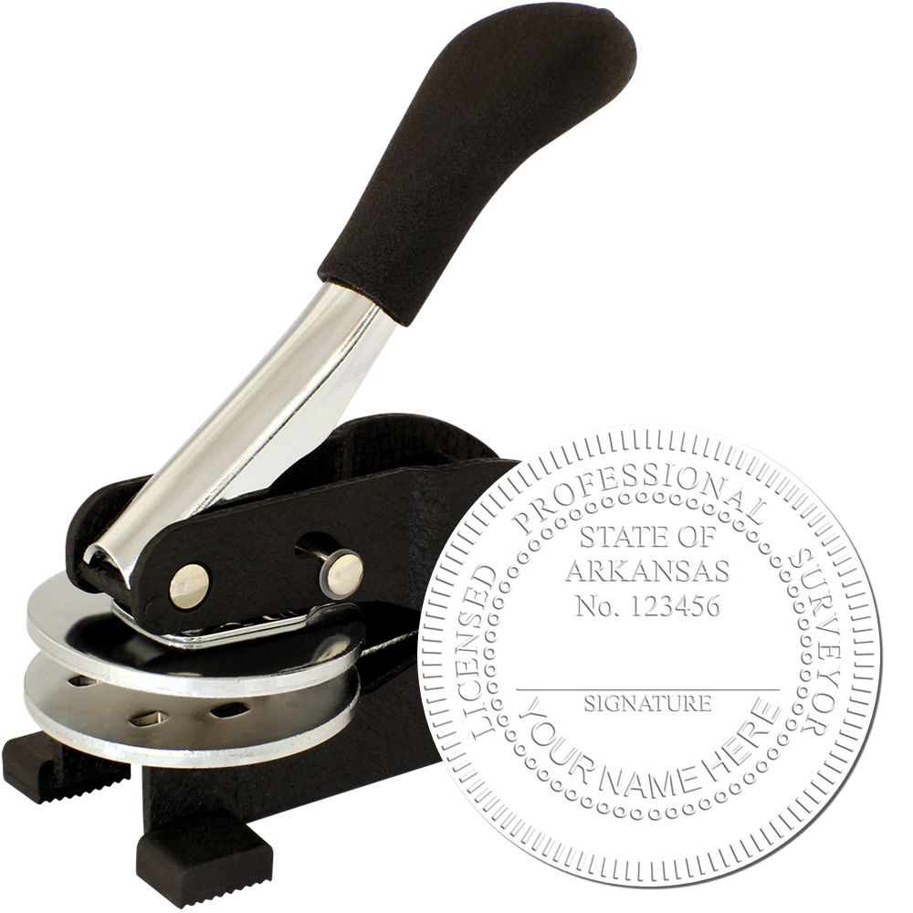 The main image for the Arkansas Desk Surveyor Seal Embosser depicting a sample of the imprint and electronic files