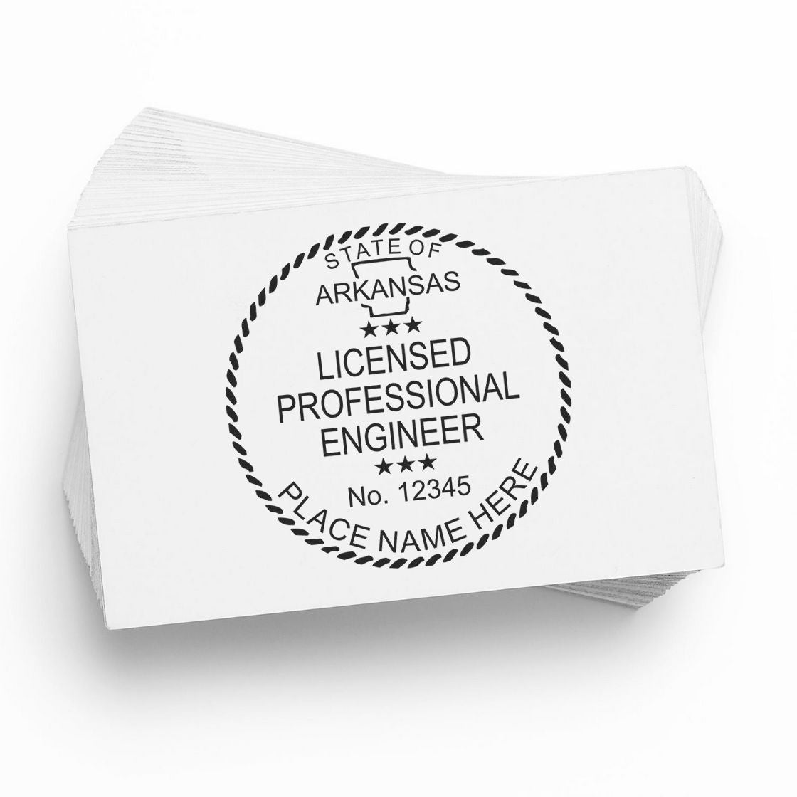 The main image for the Slim Pre-Inked Arkansas Professional Engineer Seal Stamp depicting a sample of the imprint and electronic files
