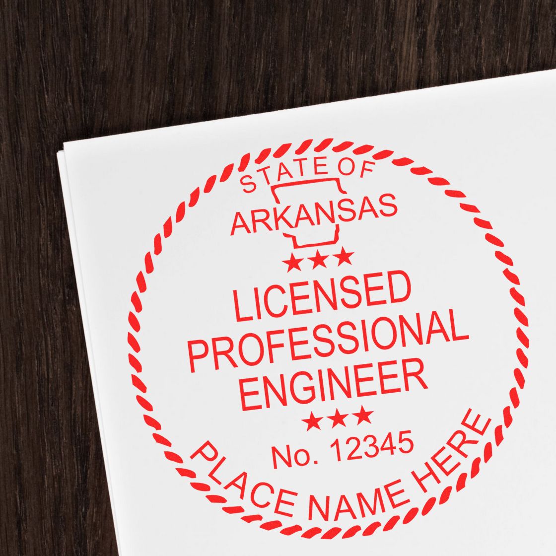 A photograph of the Premium MaxLight Pre-Inked Arkansas Engineering Stamp stamp impression reveals a vivid, professional image of the on paper.